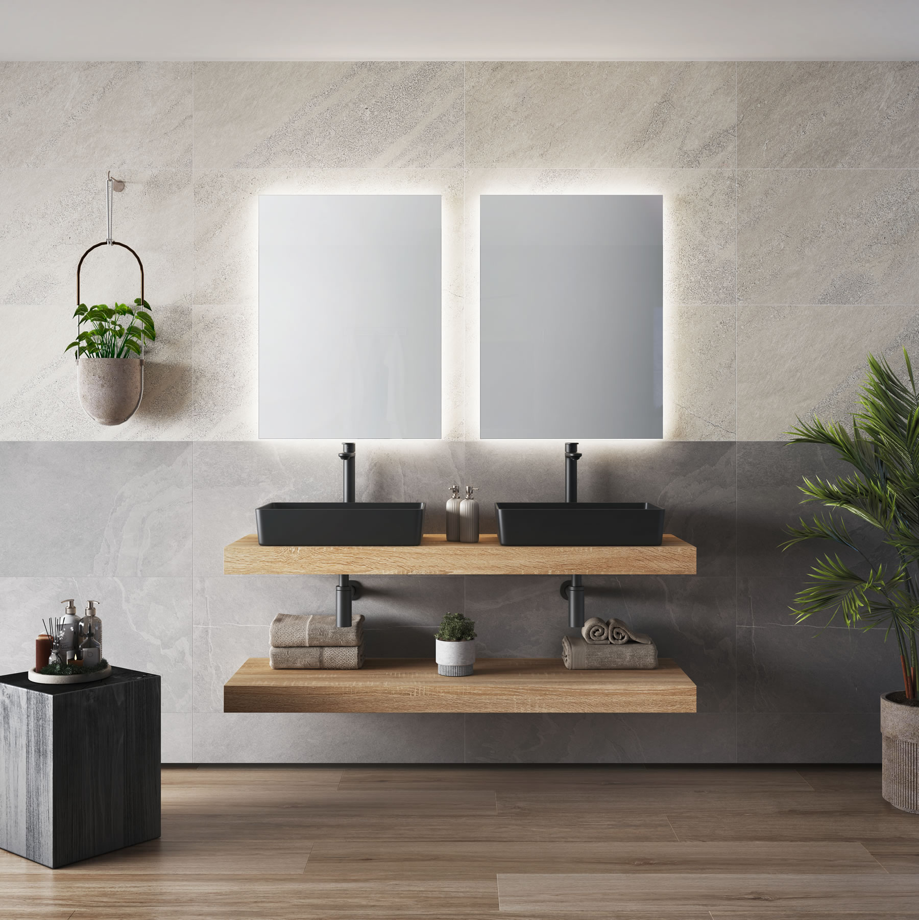 Lavabo de diseño oscuro sobre encimera