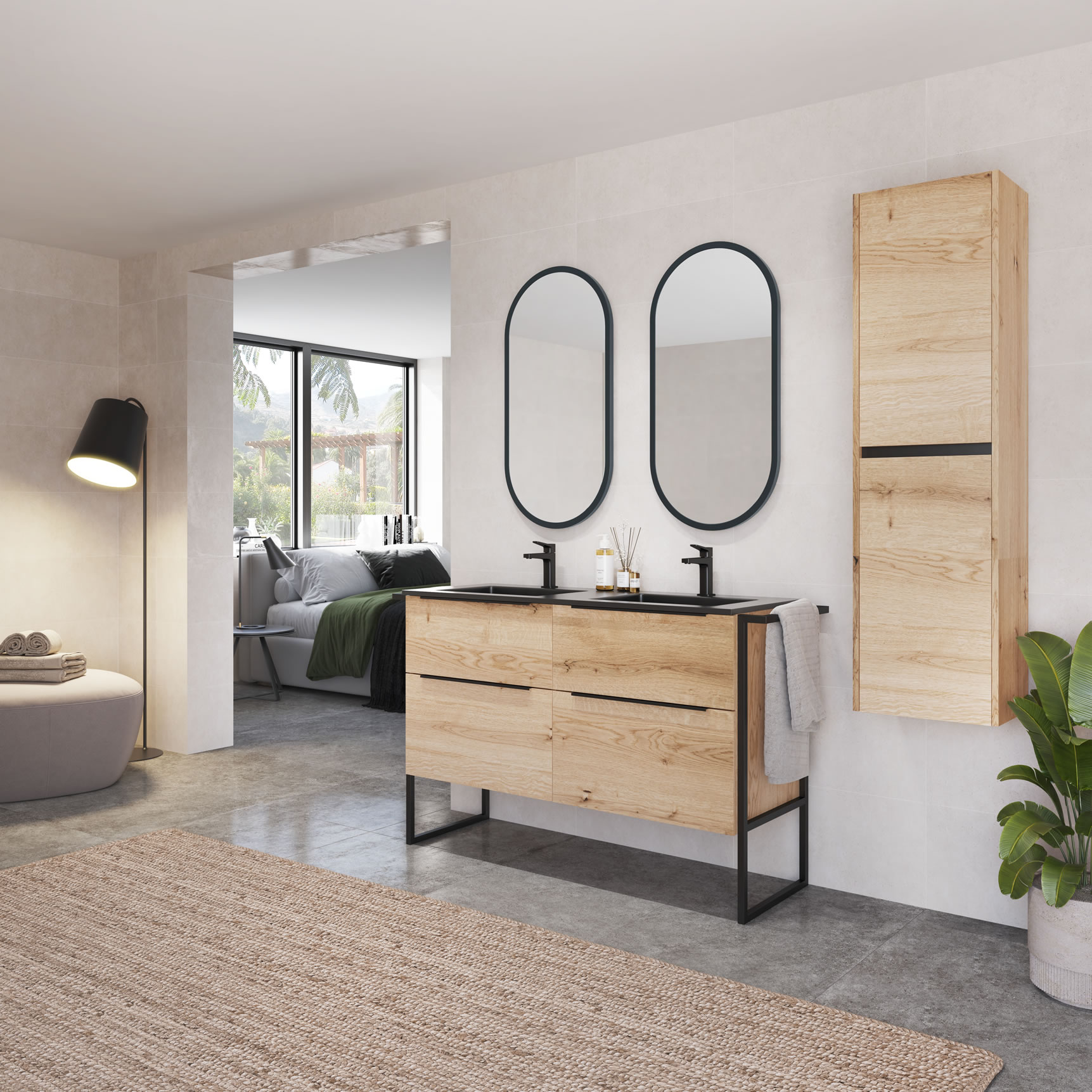 Lavabo de diseño oscuro en mueble de madera